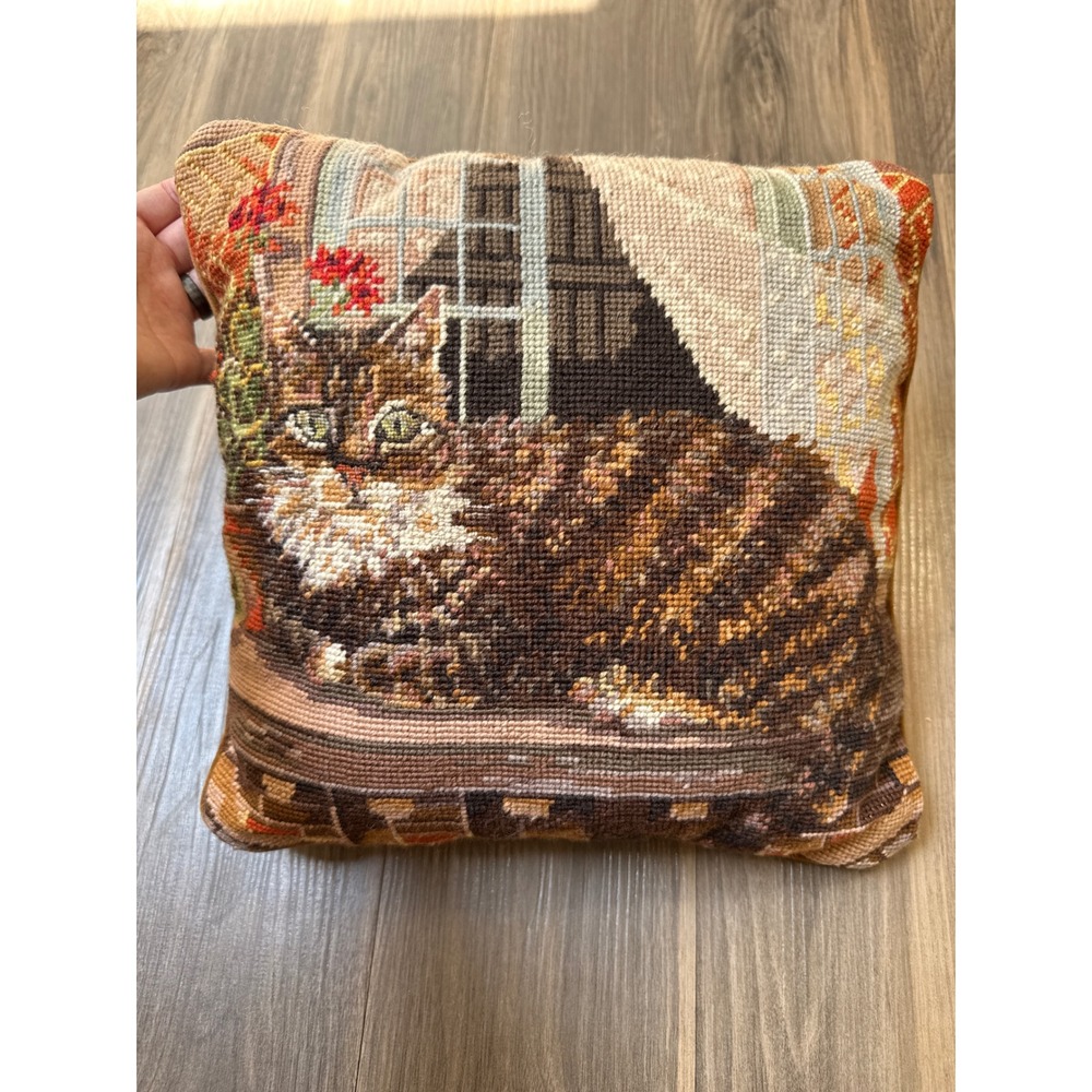 Vintage Needlepoint Cat Pillow Home Decor 13.5in Brown Velvet Tabby Design